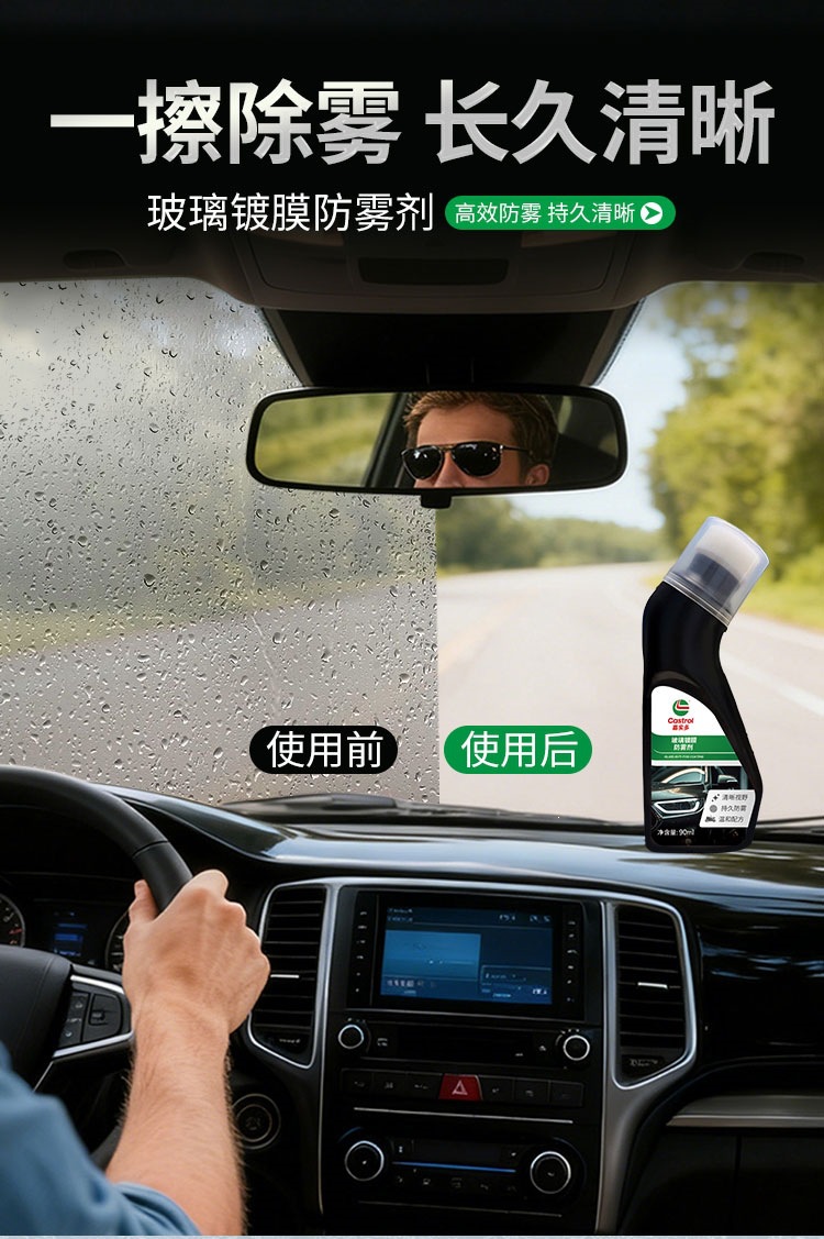 Suitable for Castrol anti-fog agent, multi-functional car glass anti-fog and defogging device, car rearview mirror, helmet mirror