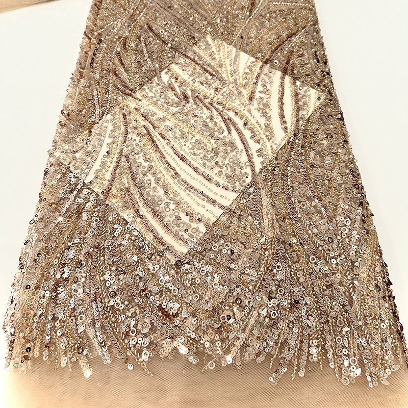Tela de vestido de boda de alta gama, tubo de perlas bordado, bordado de sequilla, tela de moda de encaje de rendimiento