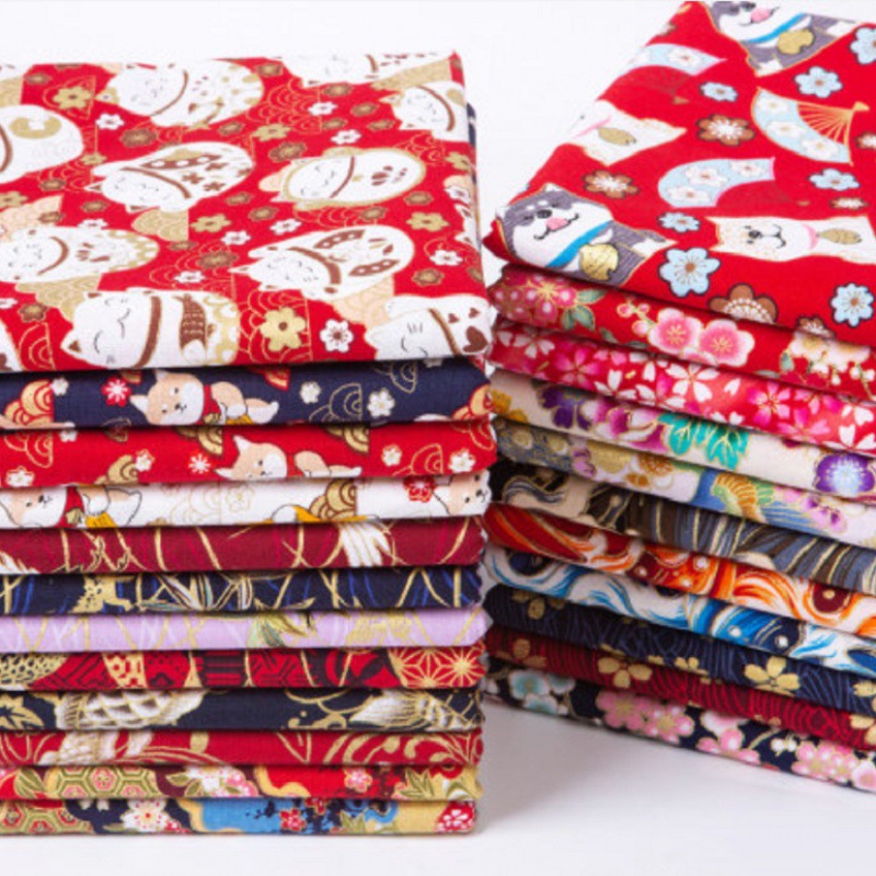 外贸日式和风烫金印花布料DIY手工口金包棉麻布全棉和风服装面料