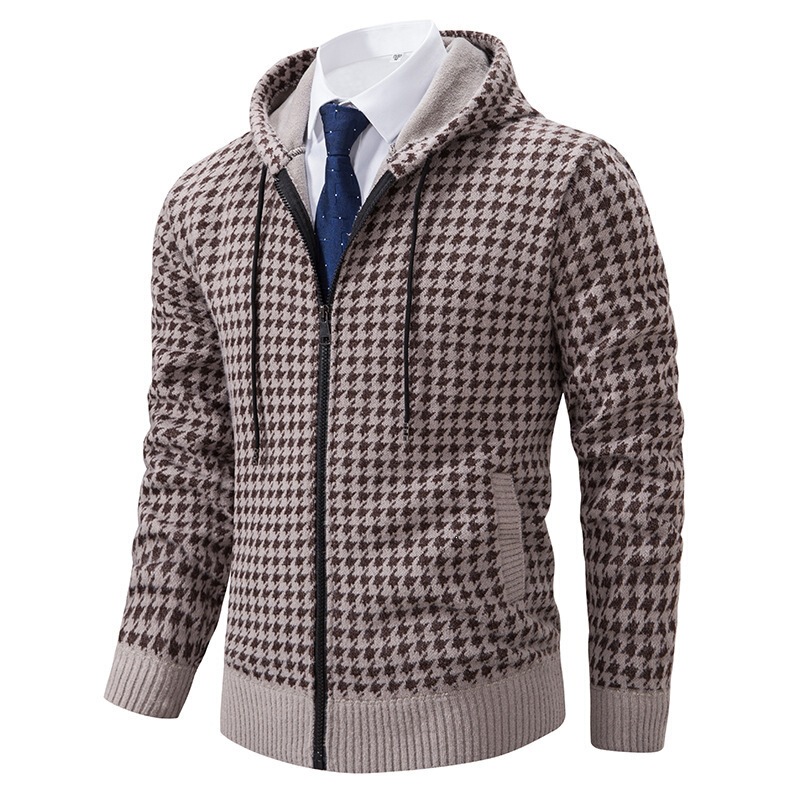 Foreign trade casual long-sleeve knitwear, fashionable plaid jacket, thickened hooded sweater jacket, men's cardigan, trendy