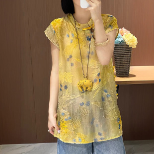 Thin See-Through Silk Velvet Burnt Flower Top Women's One-Piece Summer Short-Sleeved New Chinoiserie Mid-Length T-Shirt