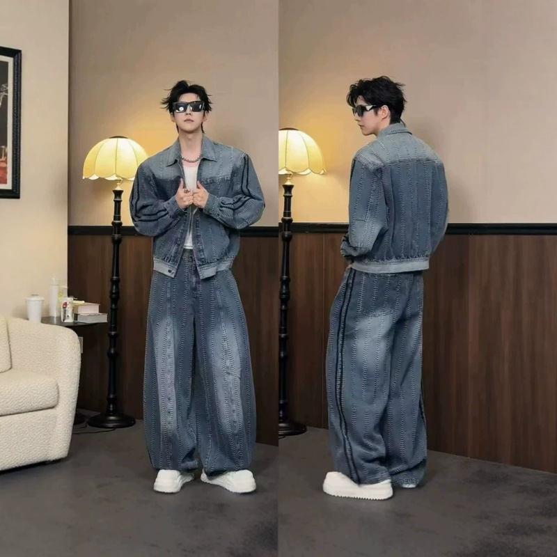 Men's Autumn Washed Herringbone Pattern Vintage Webbing Patchwork Soft Denim Jacket and Wide-Leg Pants Fashion Set Men's Autumn Washed Herringbone Pattern Vintage Webbing Patchwork Soft Denim Jacket and Wide-Leg Pants Fashion Set