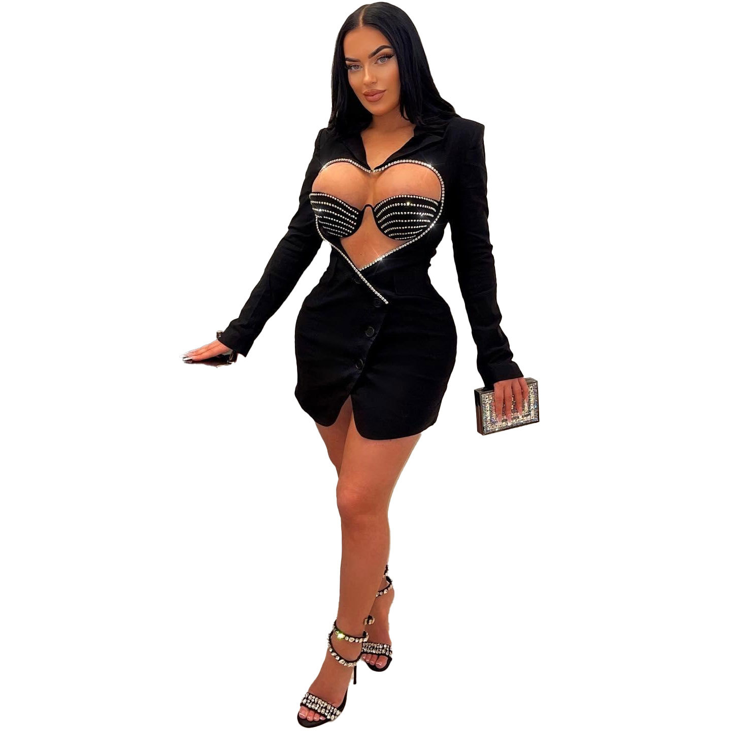 Women's Clothing Slim Fit Two Piece Set Style Sexy Solid Color Bodycon Suit With Rhinestone Heart Shaped Design For Women_voghion.com