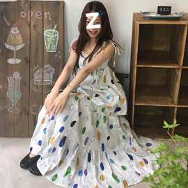原版做法 田园风彩色印花吊带两件套新款小个子度假风大摆裙套装