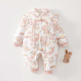 婴儿衣服秋冬新款新生女宝宝冬装连体衣夹棉保暖龙年公主超萌棉服