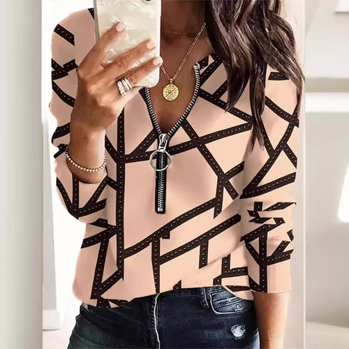 2024 New Autumn/Winter Amazon Independent Store 0wish Geometric Abstract Print Long-Sleeve Zip-Up Hoodie