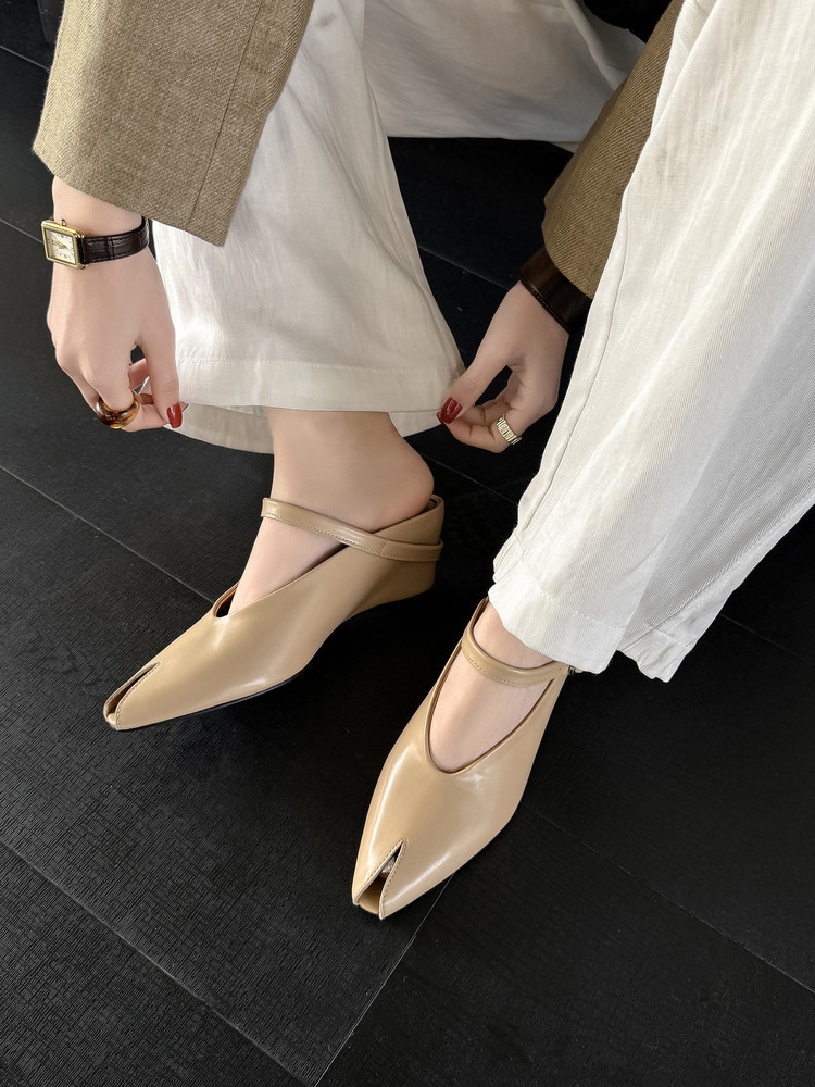 Sandal nữ hở mũi gót nêm cao da bò tăng chiều cao quai ngang — màu đen, màu trắng, màu mơ chi tiết 3