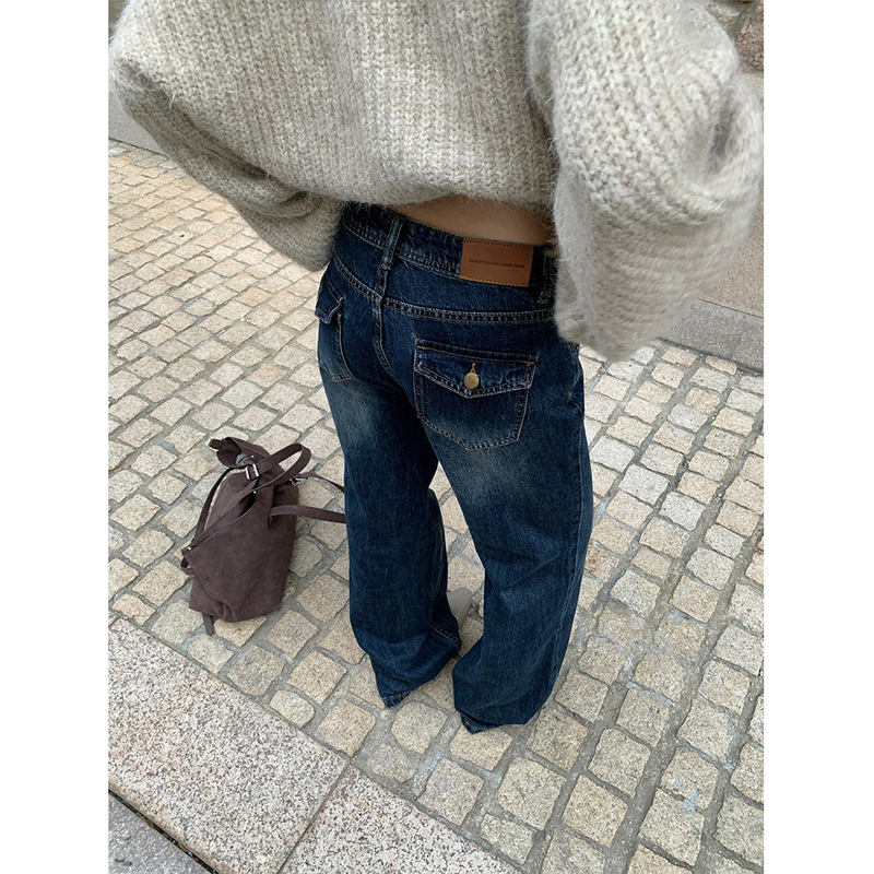 Yuyi New 2025 Autumn and Winter Retro Low-Waist Bootcut Jeans Women's Personalized Flap Pocket Pants Women's Cx0289