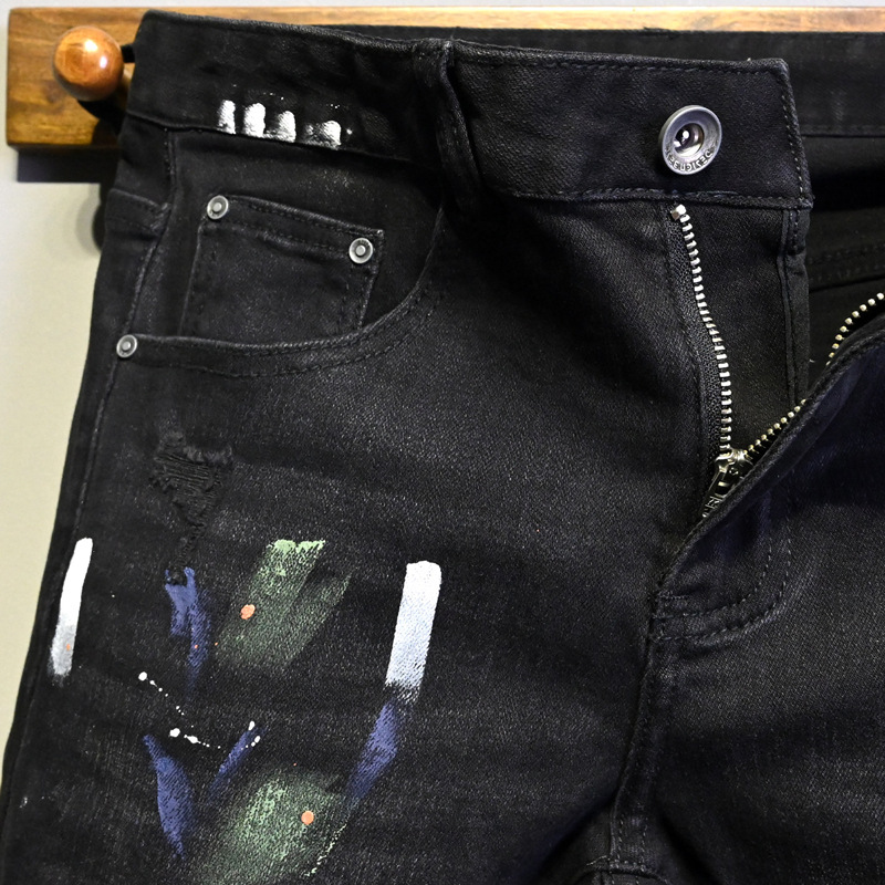 Men's Clothing Men's Street Style Ripped Jeans Distressed Black Gray Washed Paint Print Slim Fit Skinny Jeans_mkmklike.com