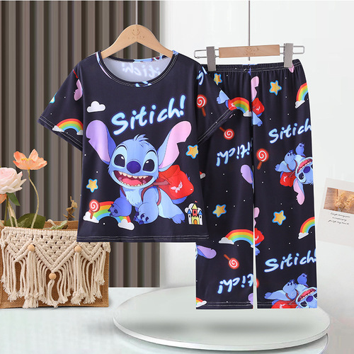 Boy's Spring and Summer Pajamas for Girls 2025 Short Sleeve Long Pants Thin for Boys and Middle Children Home Clothes for Outside Wear
