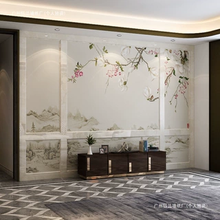 新中式墙布电视背景墙卧室床头客厅沙发影视墙纸花鸟无缝壁画防潮