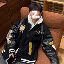 美式潮牌vibe棒球服男款春秋字母植绒刺绣外套pu皮拼接袖飞行夹克