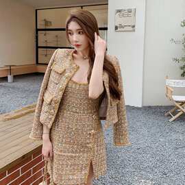 2024春秋驼金色粗花呢小香风千金圆领外套上衣背心连衣裙女式套装