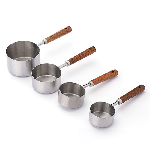 Stainless steel measuring spoon measuring cup 8-piece set rose gold scale wooden handle measuring spoon set home kitchen baking tools