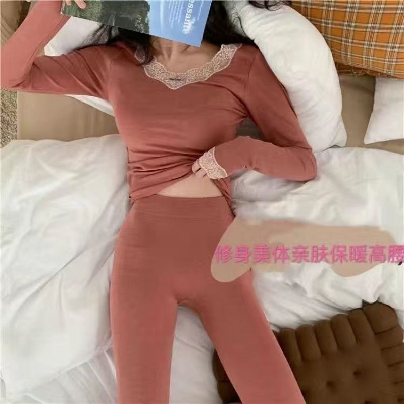 여자용 써멀 속옷, 두껍고, 인터넷 셀럽, 레이스 바텀 셔츠, 가을과 겨울 2024년 신상품 가을 옷과 가을 바지