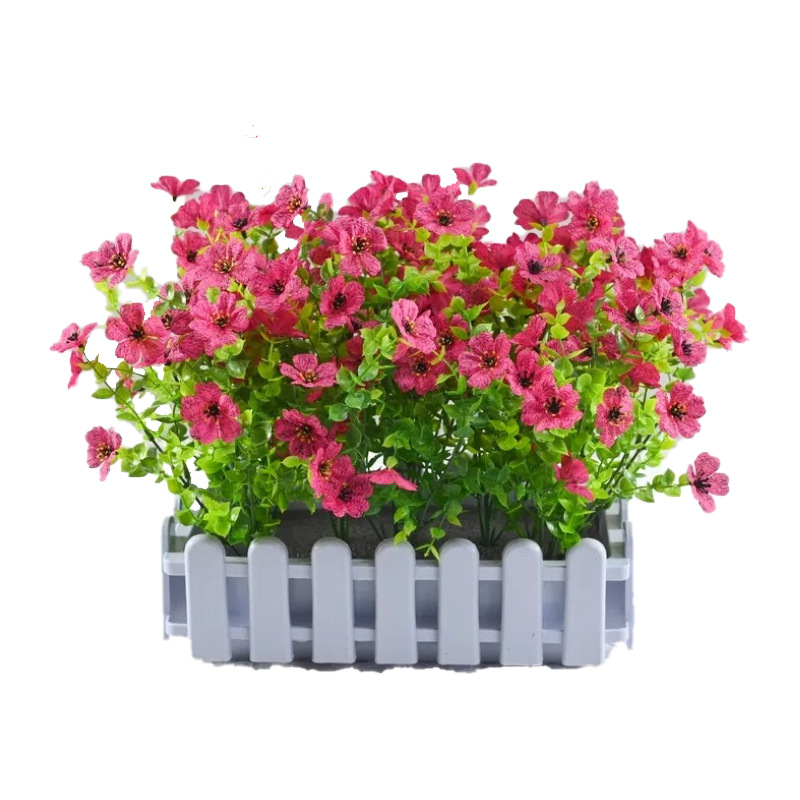 Simulación de valla violeta, esquina de la pared de la flor, partición del alféizar de la ventana, decoración, decoración de flores falsas, planta en maceta de eucalipto