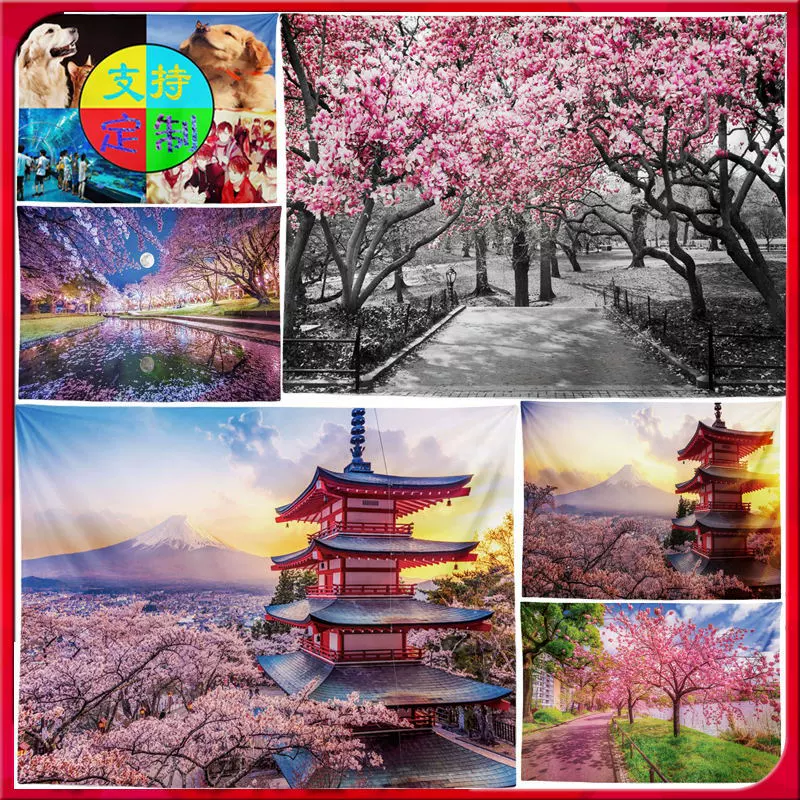 Трансграничные горячие продажи вишневого цвета, Фигурное крепление, гобелены с принтом Fuji, могут быть сделаны для клиента, фон с изображением, настенная гобелен, лента