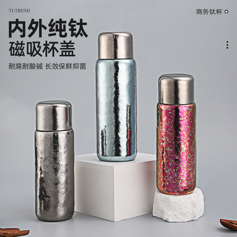 Titanium Cup with Magnetic Lid, Pure Titanium Insulated Cup, Mechanical Temperature Display, Portable Tea Brewing Cup, Bullet-Shaped Inner Stopper, Gift Water Cup with Engraving