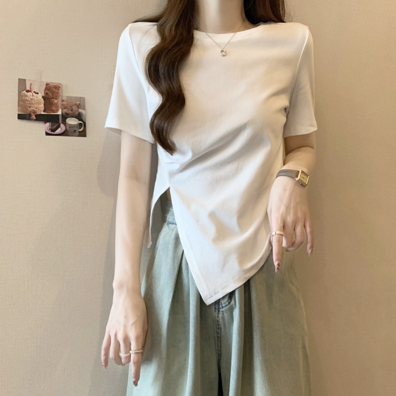 夏季正肩設計感小眾抽繩修身短袖女T恤純欲風辣妹上衣不規則下擺
