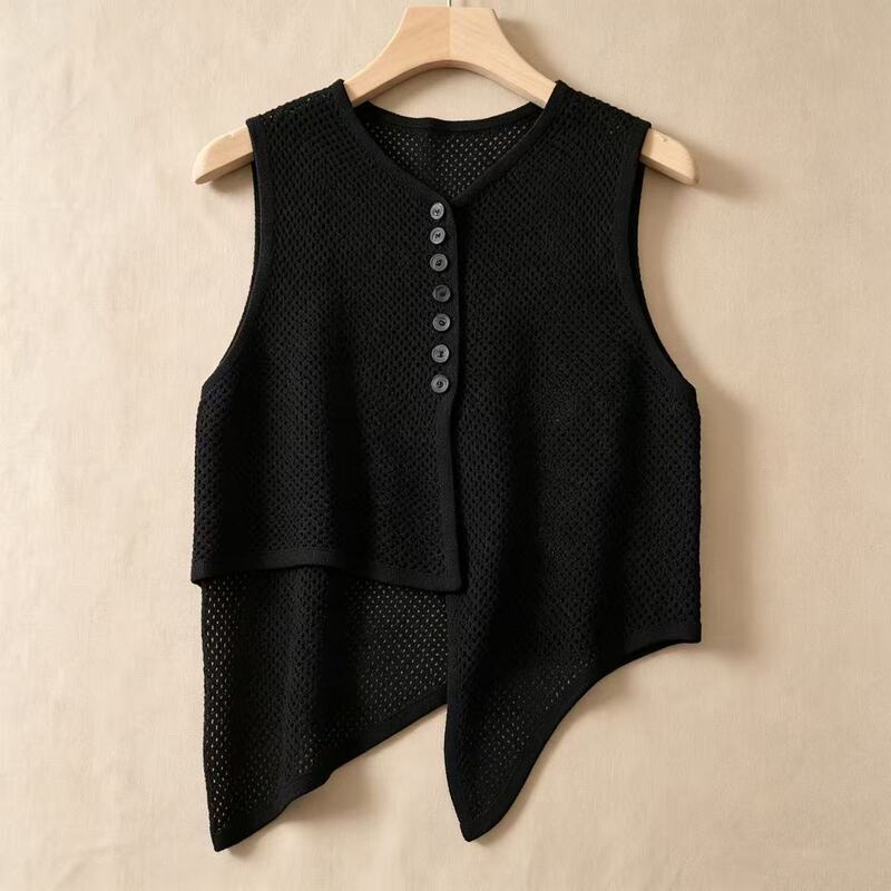 High-End French-Style Sleeveless Vest for Women, New Summer Style, Large Size, Irregular Chic Loose Hollow-Out Knit Top for Women