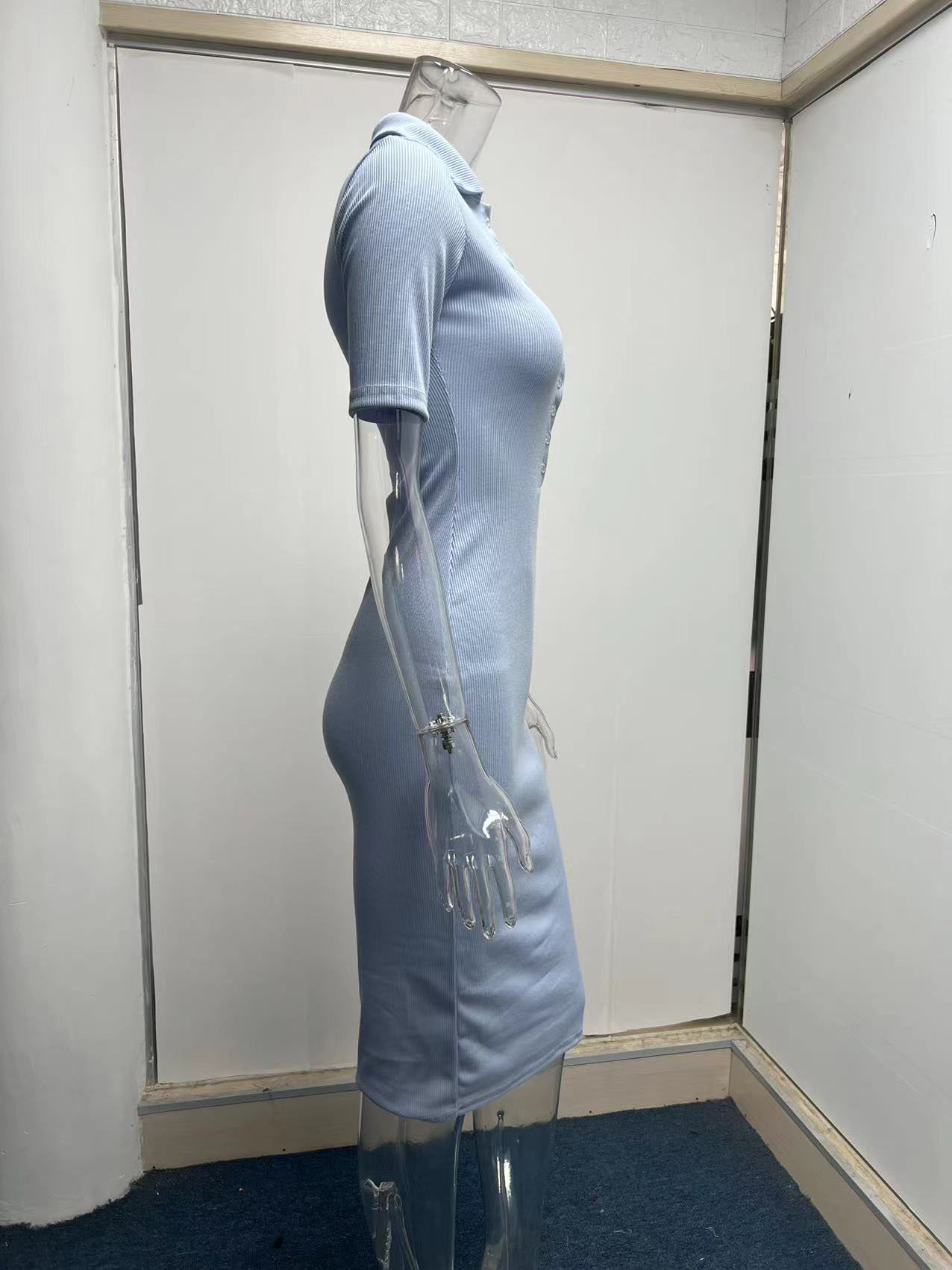 Spring Summer Office Simple Midi Dress Solid Color Breasted Casual Dress for Women