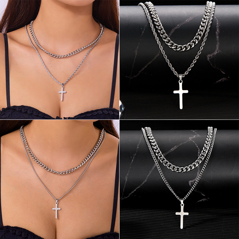 Stainless Steel Double Layer Cross Necklace For Men Trendy Style_voghion.com