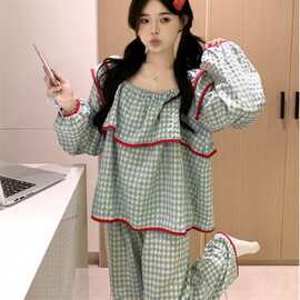 韩国ins韩版甜美宽松彩色撞色格子秋季宽松舒适外穿长袖家居服套