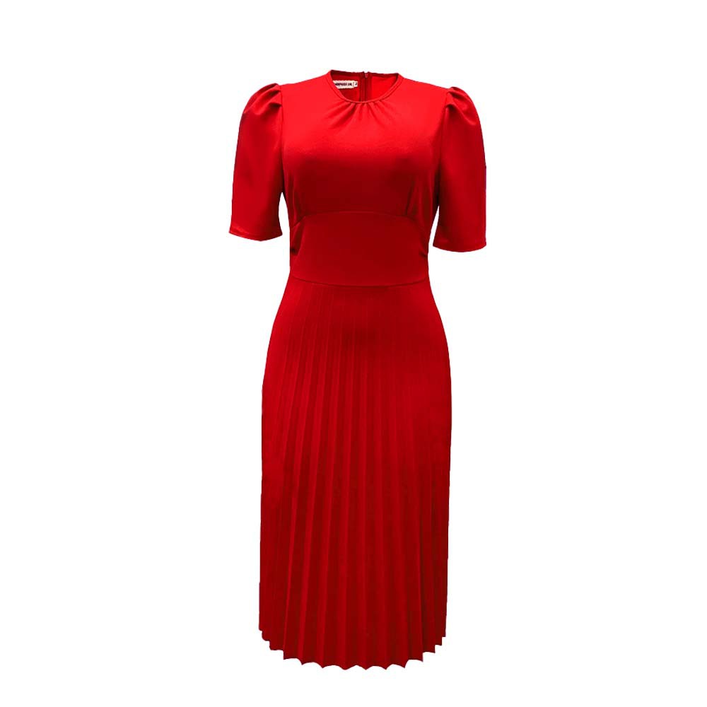 summer new short-sleeved pleated solid color foreign trade European and American large size cross-border dress_senzul.com
