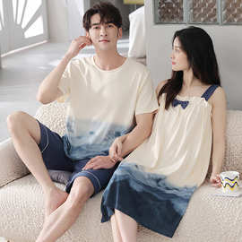 睡衣情侣装一男一女夏季薄款纯棉吊带睡裙全棉夏天可爱家居服套装