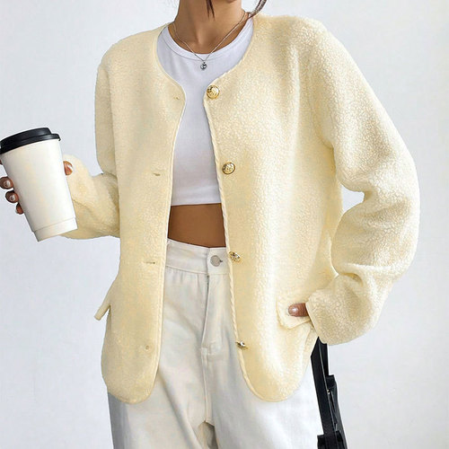 AC672 Western European French Cross-Border Early Spring New Style Plush Material Casual Fashion Loose Solid Color Crew Neck Cardigan Jacket for Women
