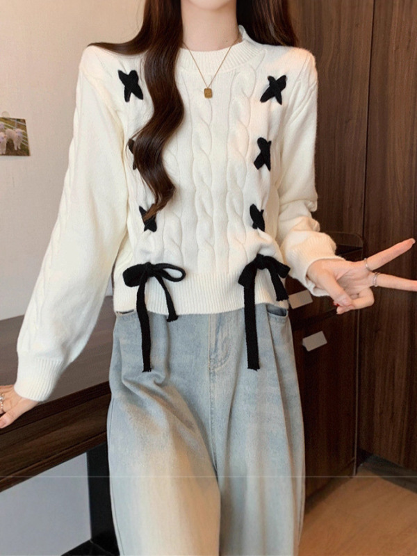设计感麻花系带毛衣套头女2025秋冬新款软糯百搭别致圆领针织衫潮|undefined