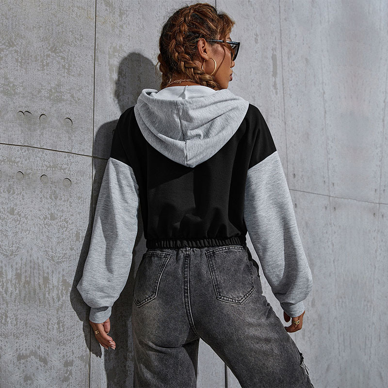 Felpa con cappuccio corta stampata autunno 2024, casual, corta, patchwork, per donna_voghion.com