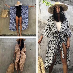 Cross-Border New European and American Rayon Leaf Print Beach Cover-Up Sexy Cardigan Style Vacation Sun Protection Shirt Dress