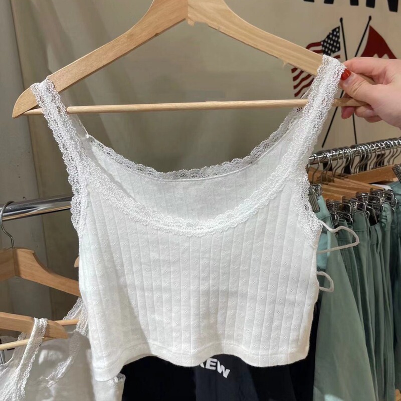 BM Style White Lace Edge Eyelet Bow Short Pure Camisole Vest Women's Bm Hot Girl High Waist Cropped Top