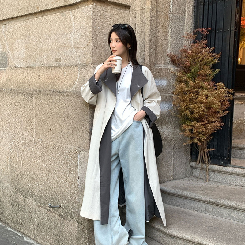 极简风衣女外套2025秋新款慵懒风中长款休闲立领撞色小个子大衣|undefined