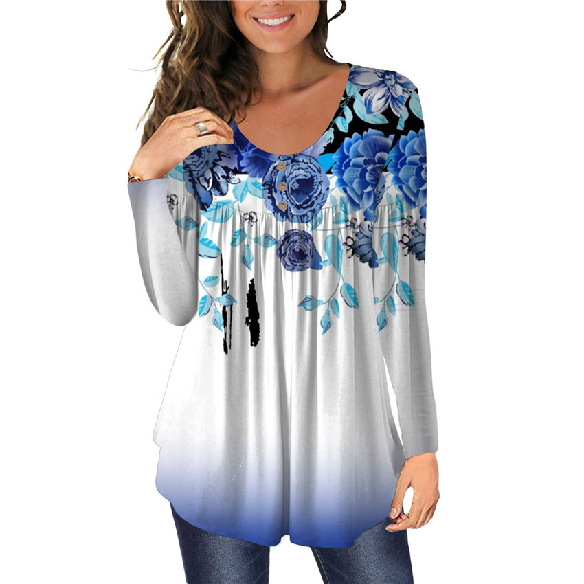 Floral Printed Long-Sleeved Pleated T-Shirt NSYHY106881