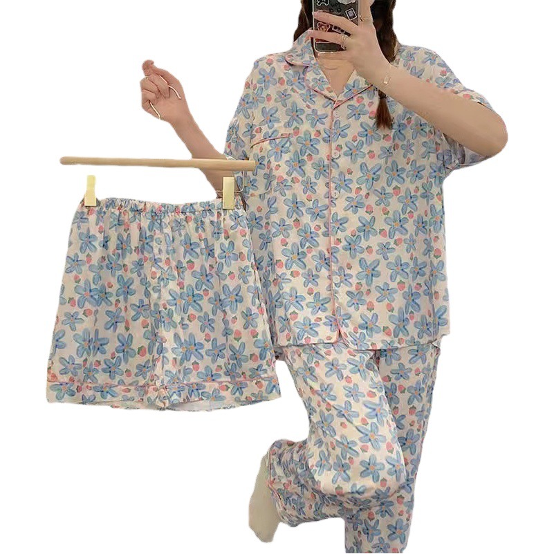 Se puede usar en exteriores, conjunto de pijama de tres piezas para mujer, nuevo estilo de la temporada de verano 2025, pantalones cortos de manga corta, pantalones largos, ropa para estar en casa, primavera y otoño. image 1