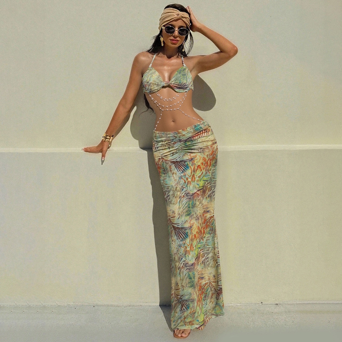 Women's Sexy Halter Tie Beaded Chain Backless Bodycon Maxi Dress – Spring Party Gown_ecoleips.com