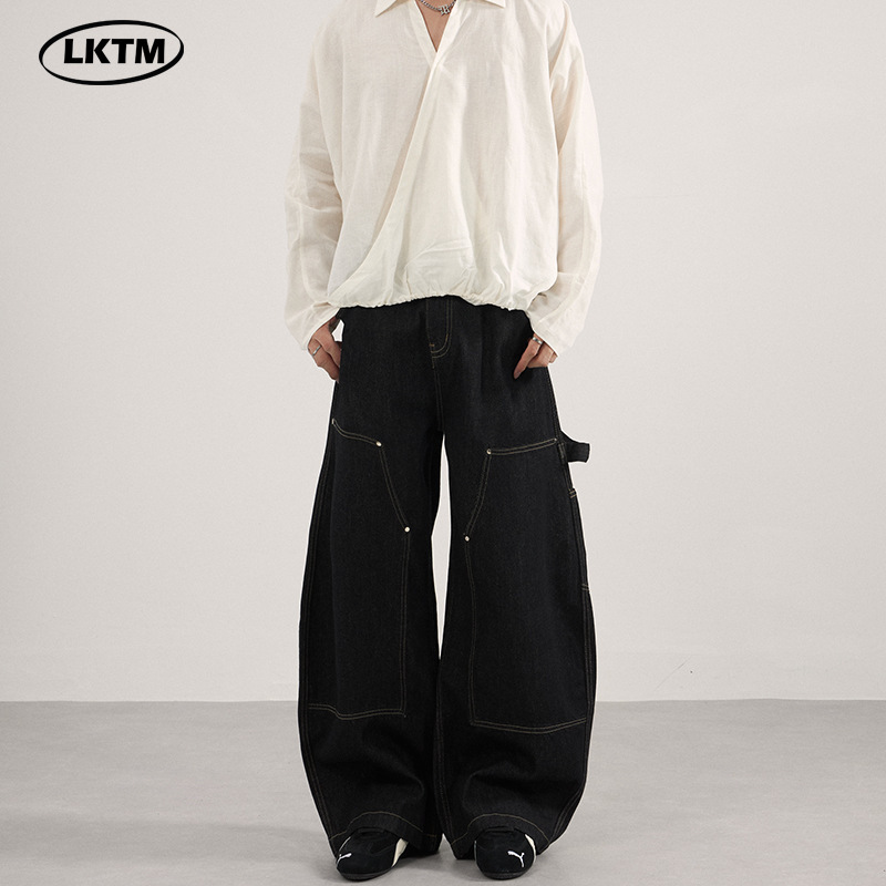 Lktm Men's Vintage Raw Black Double-Knee Lumberjack Work Pants Unisex Loose Design Curved Blade Jeans