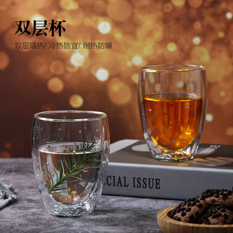 Sequinilla personalizada doble aislamiento de vidrio estrella taza logotipo personalizado taza de regalo taza de huevo transparente fabricante e