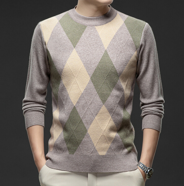 Men's Wool Sweater Autumn and Winter New Color-Blocked Diamond Plaid Thickeneded Warm Sweater Middle-Aged Bottoming Shirt Men's Wool Sweater Autumn and Winter New Color-Blocked Diamond Plaid Thickeneded Warm Sweater Middle-Aged Bottoming Shirt
