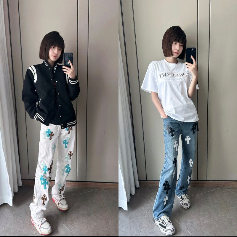 2025 Trendy Influencer Brand Cross Crochet Pants Leather Jeans American High Street Straight Unisex Loose Fit 2025 Trendy Influencer Brand Cross Crochet Pants Leather Jeans American High Street Straight Unisex Loose Fit