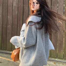 灰色大翻领拉链针织时尚套装女秋冬新款宽松慵懒风阔腿裤两件套厚