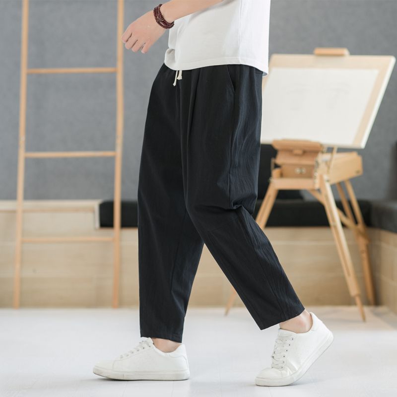 Pantalones, pantalones casuales para hombre, pantalones de lino finos de primavera y otoño, pantalones anchos sueltos rectos, pantalones deportivos de algodón y lino de verano
