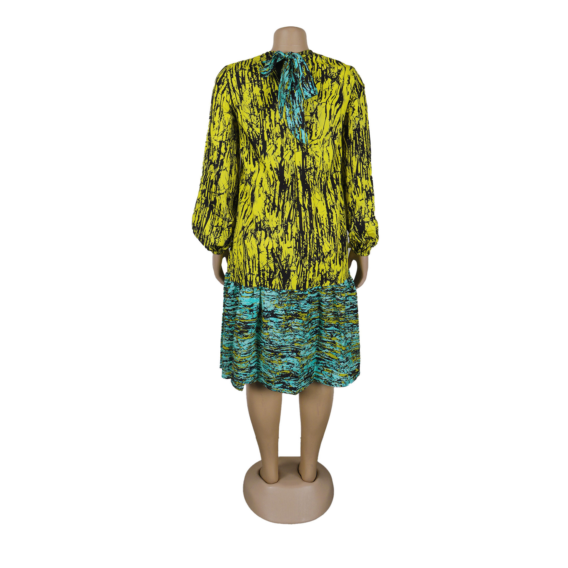 Printed Lace up Lantern Sleeve Loose Large Round Neck Dress
