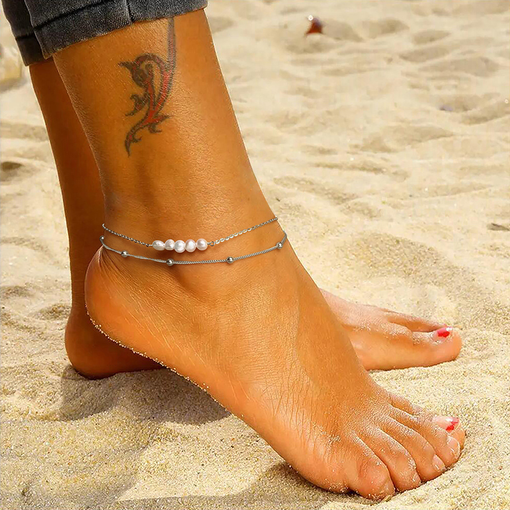 Wholesale Jewelry Simple Style Geometric Freshwater Pearl Sterling Silver 14k Gold Plated Anklet display picture 2