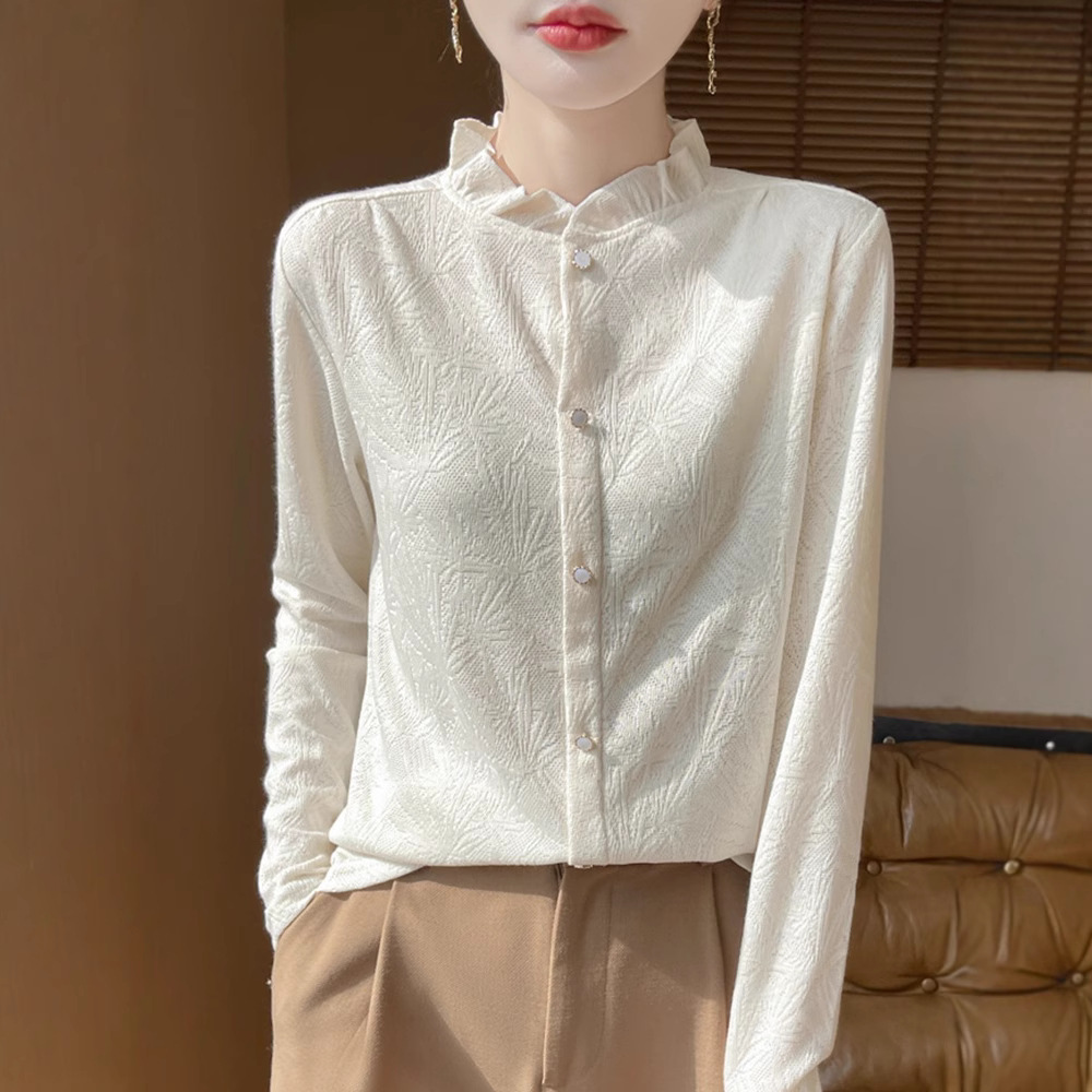 批发新款法式蕾丝上衣女气质木耳领针织衫长袖打底衫半高领内搭