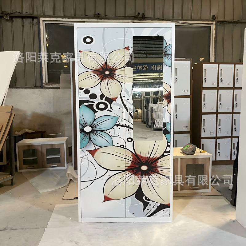 Gabinete de impresión de dos puertas deslizantes armario de acero espejo estética armario de almacenamiento de metal doméstico se puede personalizar simple armario de metal de viento image 20