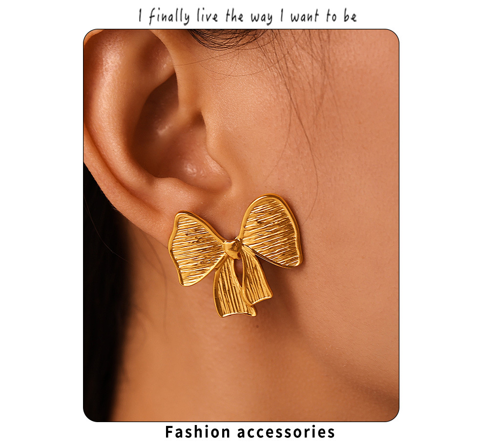 Square Sugar Bow Earrings For Women In Titanium Steel Gold Tone_voghion.com