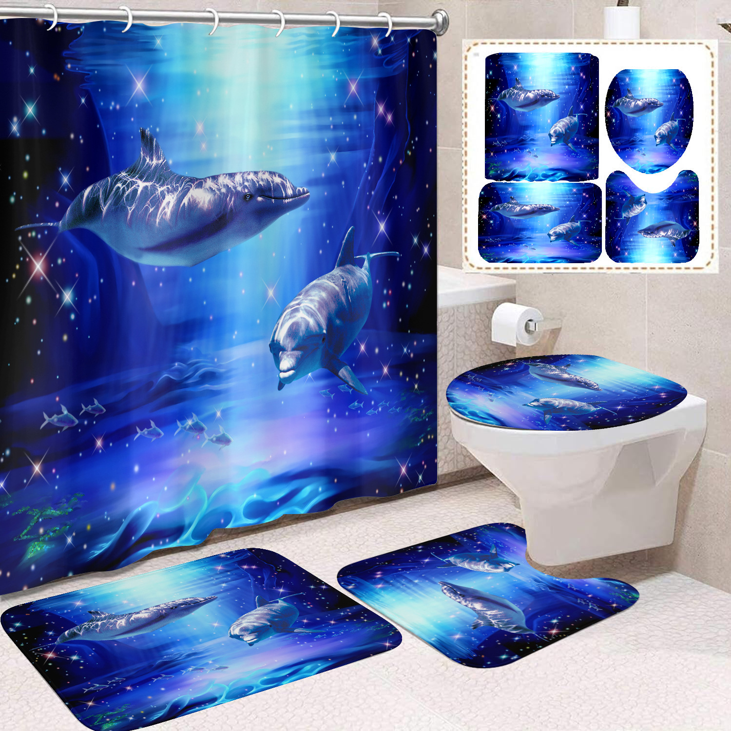 Cortina de ducha transfronteriza con diseño de delfines azules, estampada digitalmente, de poliéster, sin perforaciones, para baño, decoración del hogar image 38